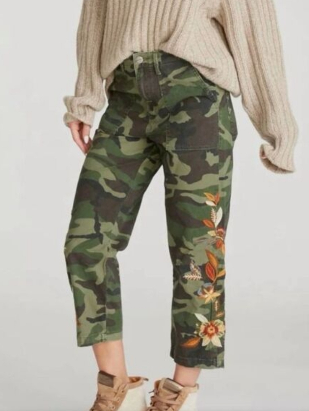 Driftwood Embroidered Floral Camo Boyfriend Trouser Crop Straight Leg Capri